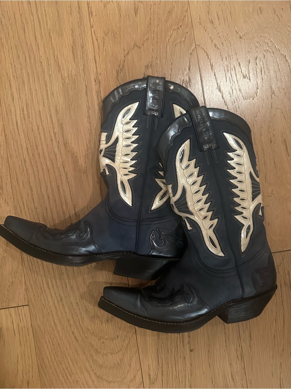 Women’s Dark Blue Western Ankle Boots with Cream Inlay